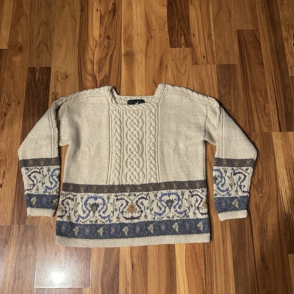 Women's Peruvian Connection Cable Knit Alpaca Wool Sweater Fair Isle Large